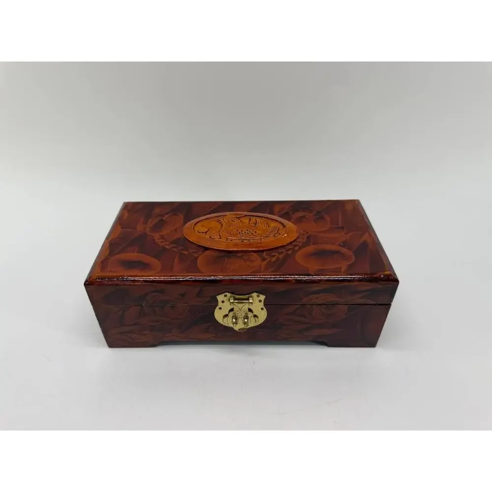 Chinese Carved Wood Jewelry Box Duck Lotus Red Silk Lined Brass Latch